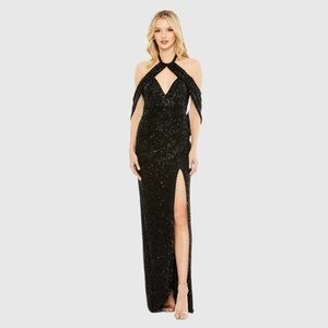 Mac Duggal 42021 NWT Black Sequined Draped Sleeveless Keyhole Cowl Back Gown